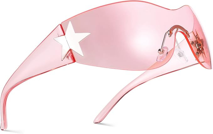 NULOOQ Rimless Y2K Sunglasses for Women Men – Trendy Star Shield Wrap Around Sunglasses Oversiz... | Amazon (US)