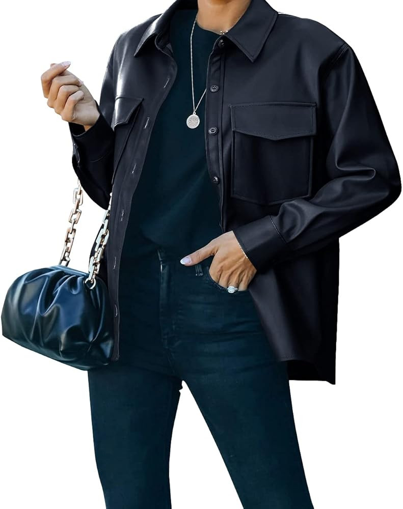 FERNGIRL Womens Button Front Faux PU Leather Jacket Shacket Casual Shirt Long Sleeve Blazer Coat wit | Amazon (US)