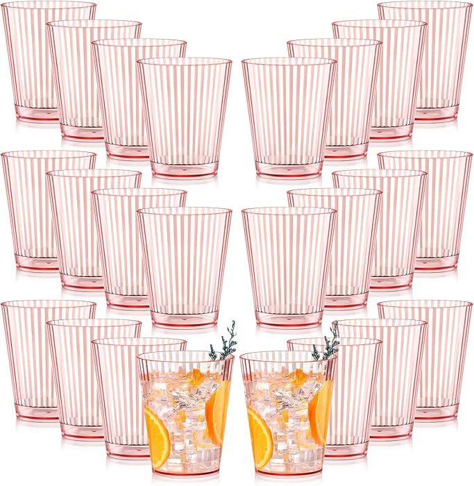 24 PCS Plastic Ribbed Drinking Glasses Pink 10oz Unbreakable Vintage Ripple Stemless Wine Glasses... | Amazon (US)