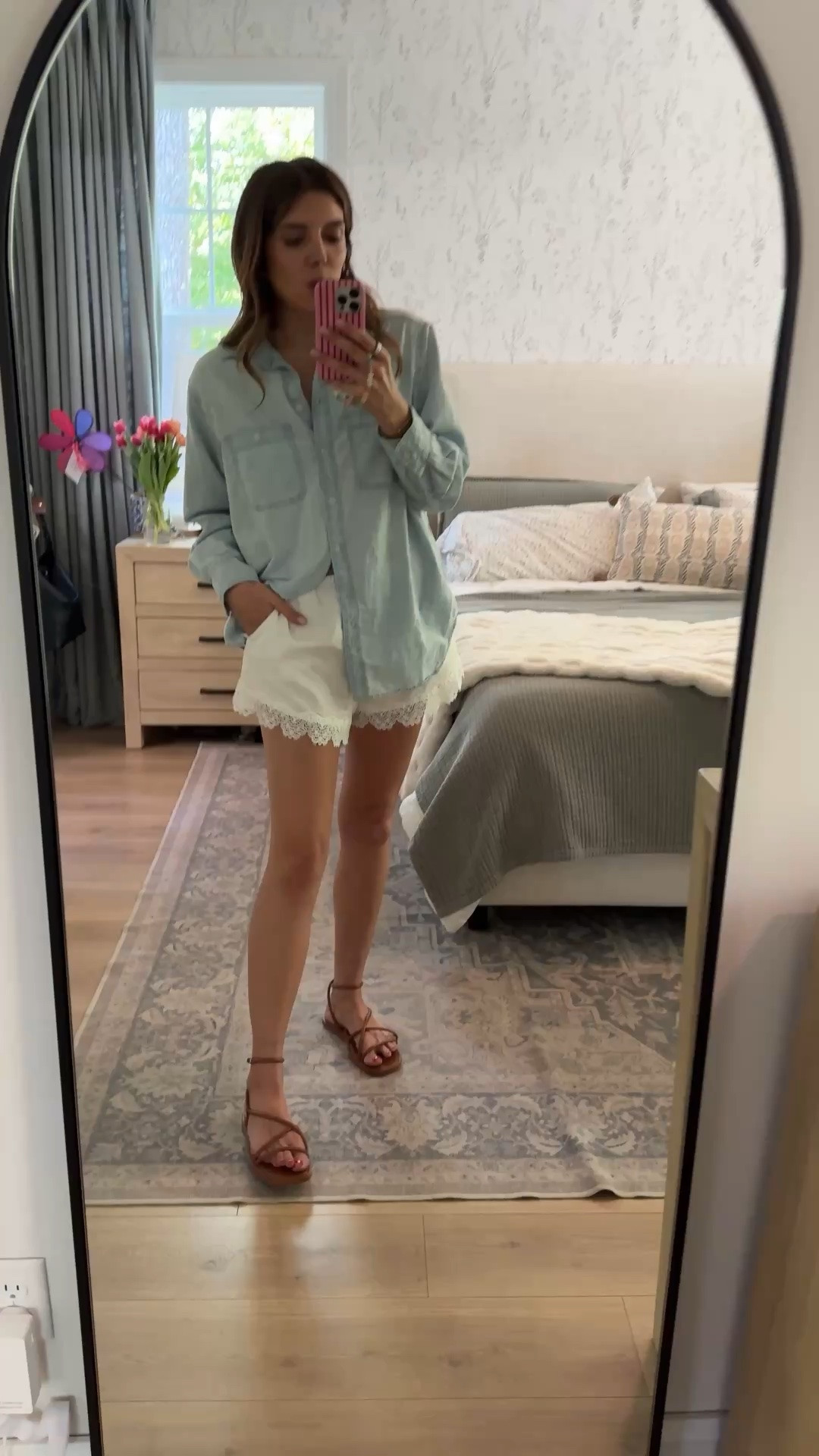 Outfit of the day with size small white linen shorts and chambray shirt in XS (size down). I’m 5’7”. 40% off with gap friends and family sale!!

#LTKOver40 #LTKTall #LTKSaleAlert