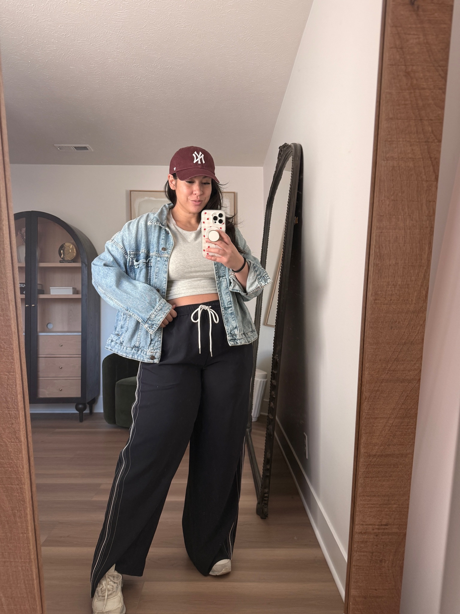 Getting ready to head to the doctor for my six week check up and here’s what I’m wearing! 

My favorite denim jacket from Free People, an @abercrombie baby tee, the comfiest track pants that feel like sweatpants, and my go to New York Yankees hat! 

Midsize outfit, casual ootd, mom outfit, spring outfit 

#LTKgrwm #LTKMidsize #LTKootd