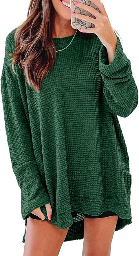 SHEWIN Long Sleeve Shirts For Women Oversized Sweatshirt Crewneck Waffle Knit Fall Tops for Women... | Amazon (US)