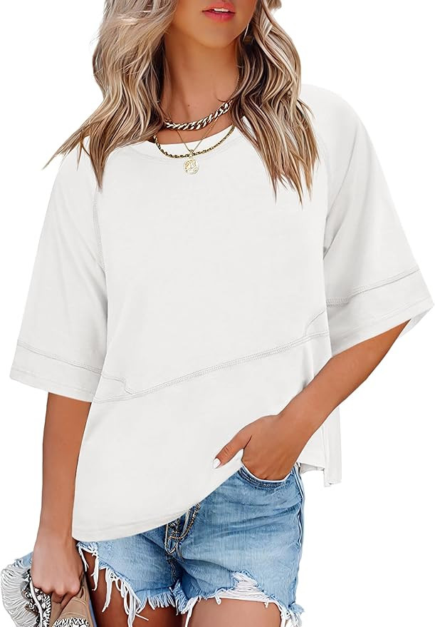 ANRABESS Womens Tops Crewneck Half Sleeve Loose Fit T Shirts Solid Cute Flowy Shirts Summer Casua... | Amazon (US)