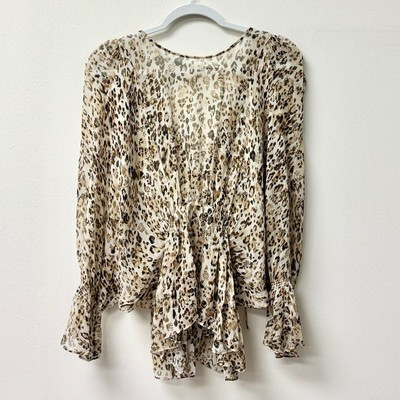 IRO Paris Saggi 100% Silk Leopard Long Sleeve Peplum Blouse Beige Women's Size M | eBay CA