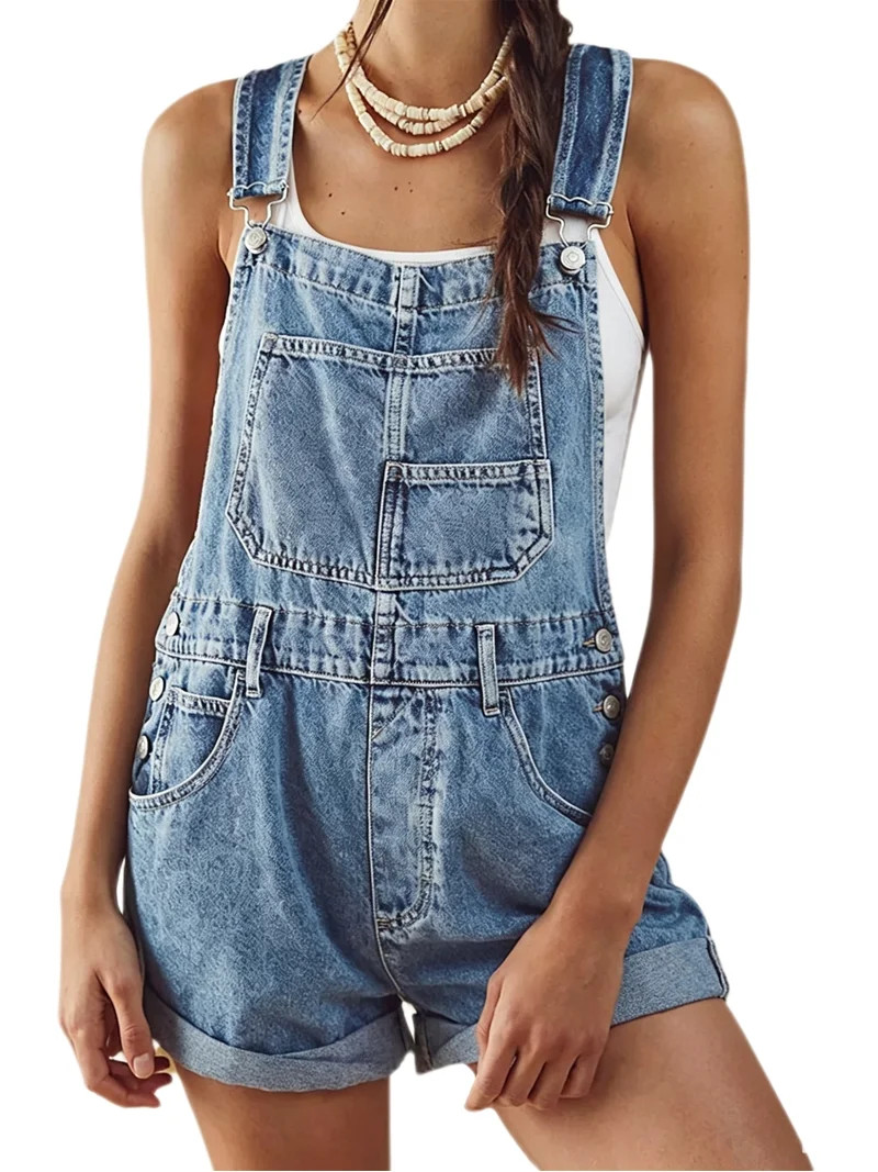 Womens Overalls Shorts Denim Bib Straps Shorts Casual Solid Color Rompers Jumpsuits With Pockets ... | Walmart (US)