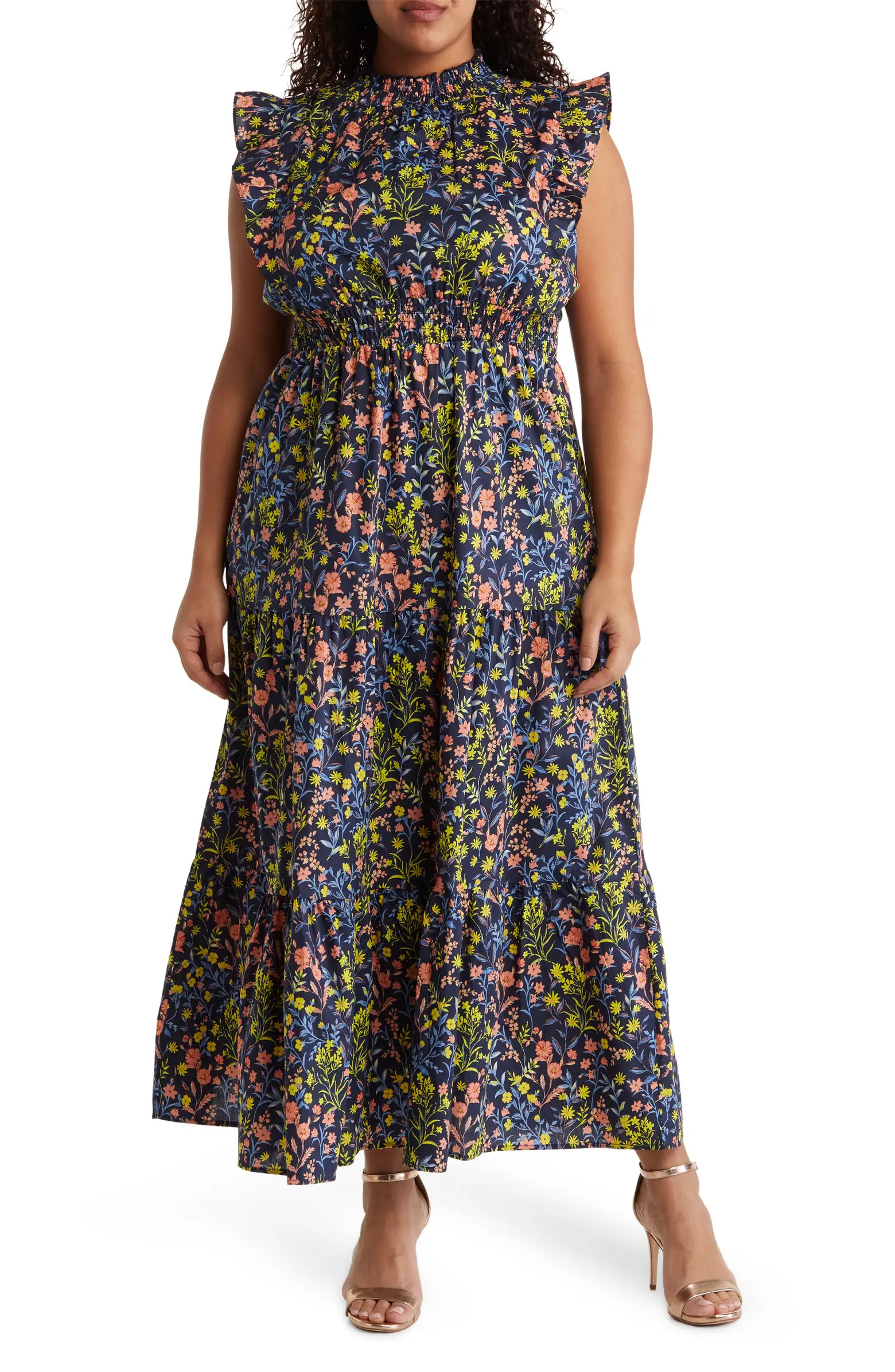 Mock Neck Ruffle Sleeve Floral Print Tiered Dress | Nordstrom Rack