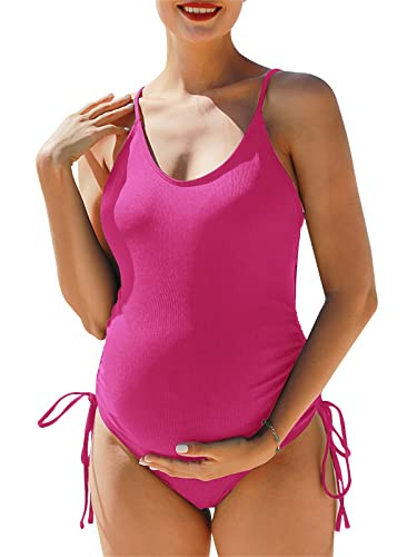 Summer Mae Maternity Swimsuit One Piece Ribbed Side Tie Bathing Suit Monokini Bright Pink Large | Amazon (US)