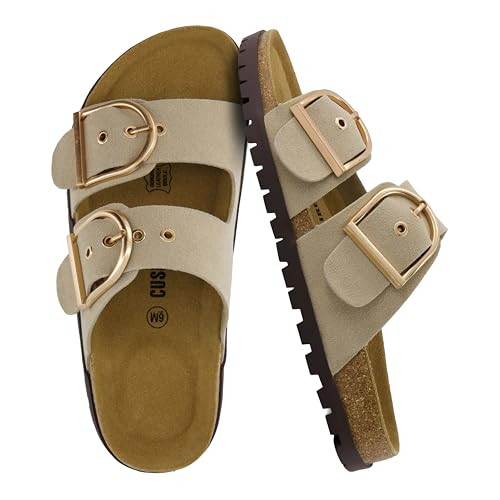 CUSHIONAIRE Brook Women’s Suede Double-Buckle Cork Footbed Slide Sandals with Memory Foam Comfort, STONE 7 | Amazon (US)