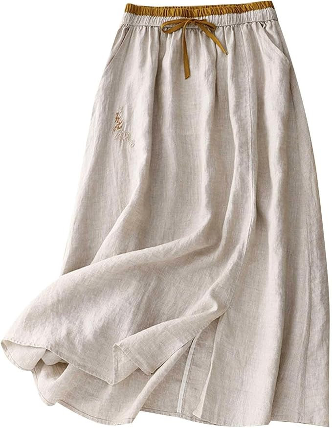 Women's Embroidery Cotton Linen Midi Skirts A Line Flowy Swing Elastic Waist Bohemian Skirt Casua... | Amazon (US)