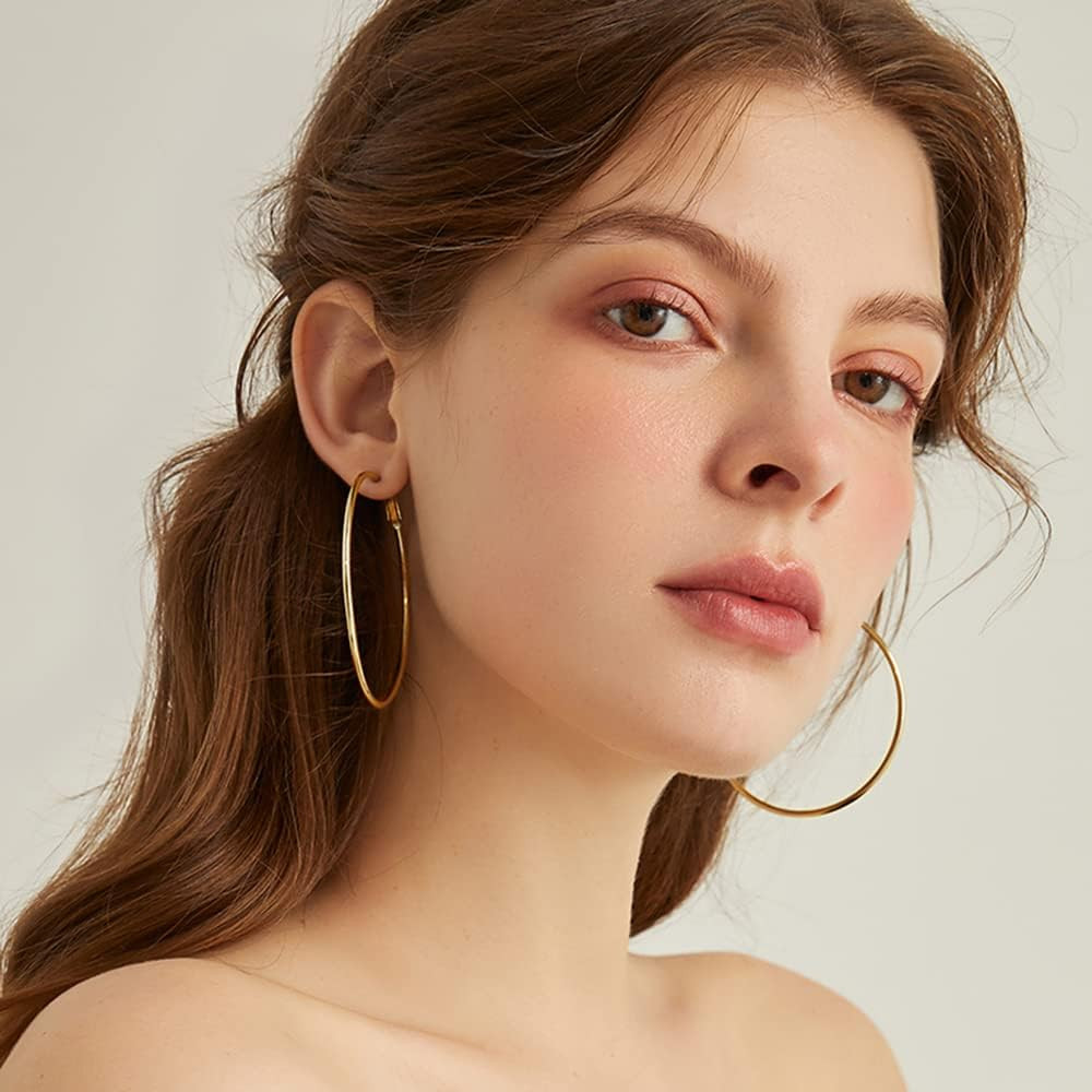 Dainty 70mm 14K Yellow Gold Silver Big Large Hoop Earrings For Women Girls Sensitive Ears Fashion... | Amazon (US)