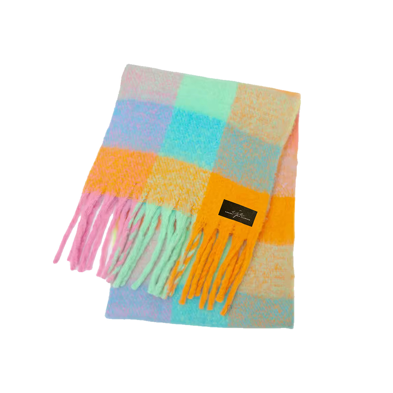 Multicoloured Pastel Checkered Large Fringed Cashmere-Blend Winter Scarf | Wolf & Badger