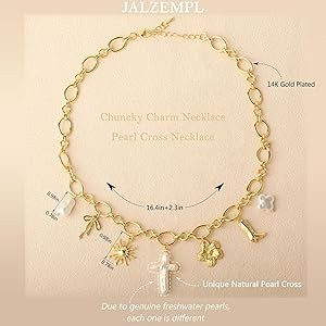 Chunky Charm Cross Pearl Necklace For Women Seashell Shell Starfish Beach Bow 14K Gold Plated Pen... | Amazon (US)