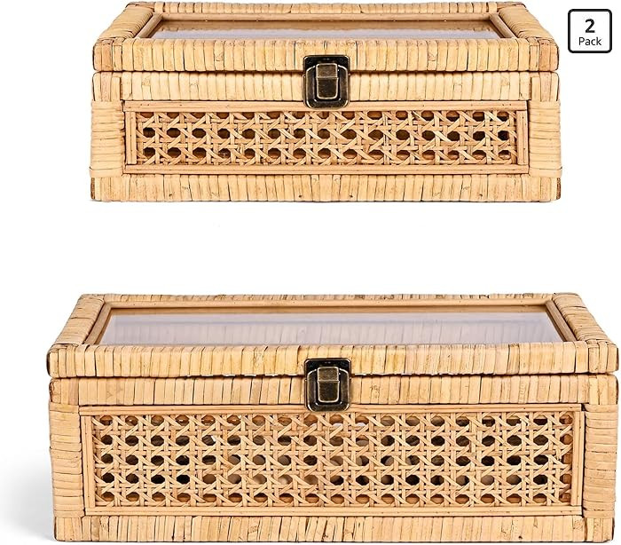 HUAXIN CRAFT H Rattan Decorative Box with Lid, Rectangular Woven with Glass for Display, Set of 2... | Amazon (US)