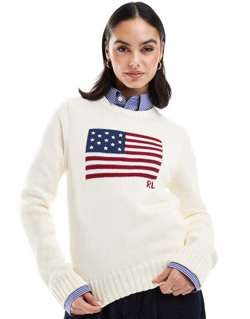 Polo Ralph Lauren flag knitted jumper in cream-White | ASOS (Global)