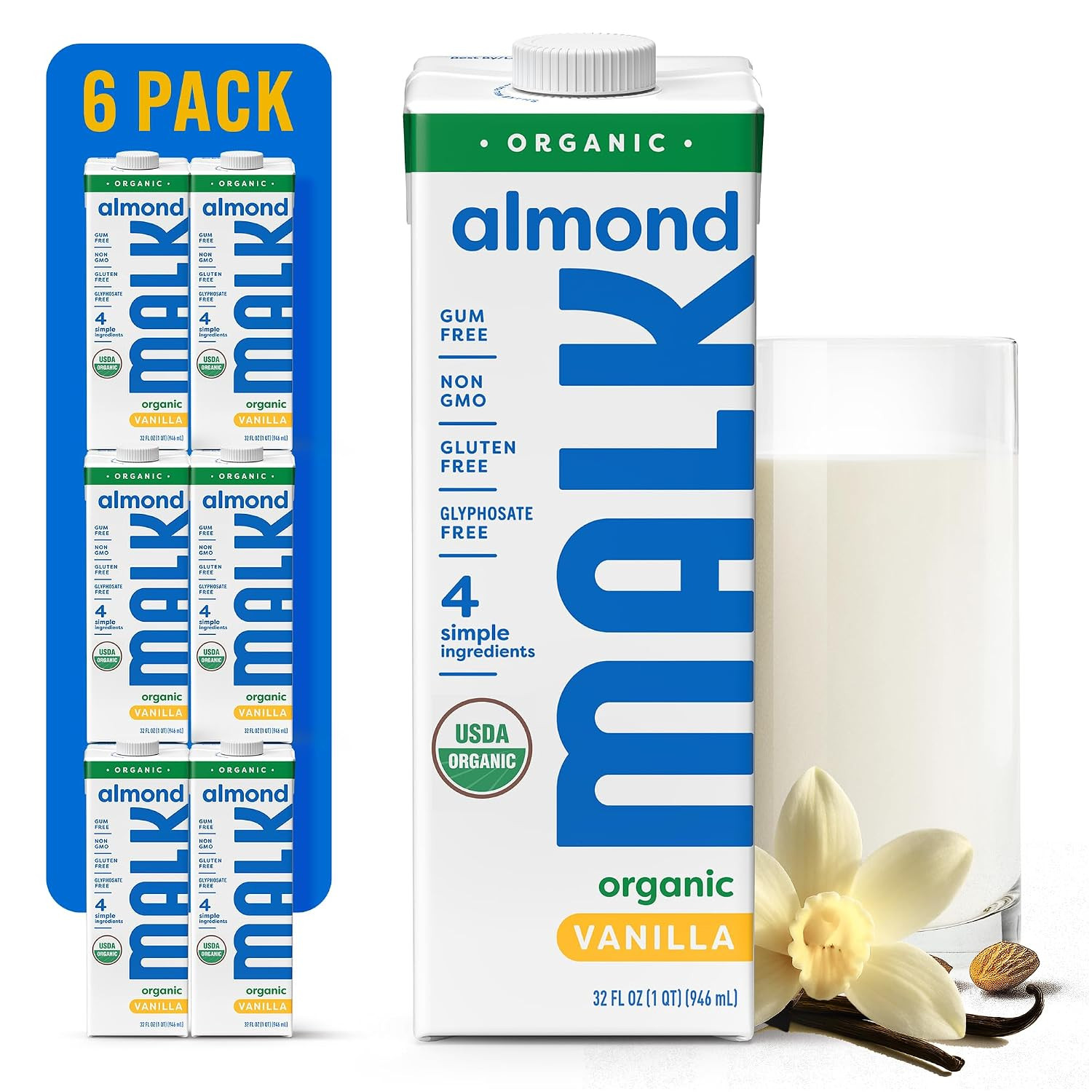 MALK Unsweetened Vanilla Almond Milk - Organic & Shelf Stable - 32OZ 6-Pack | Amazon (US)