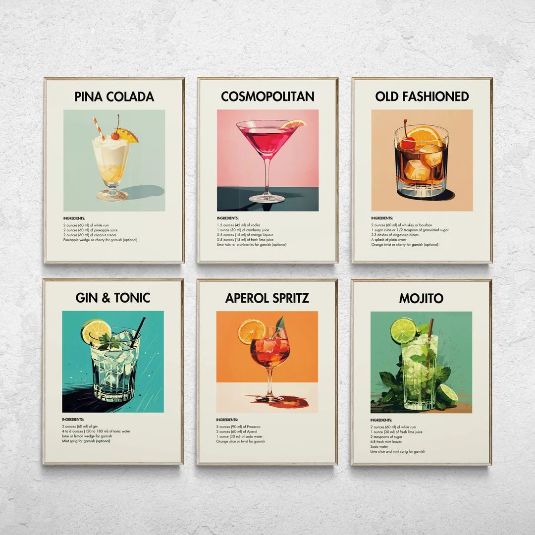 Set of 6 Cocktail Prints Bar Cart Prints Classic Cocktail - Etsy | Etsy (US)