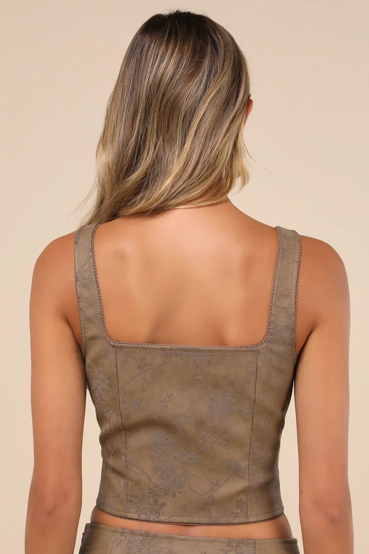 Coveted Brown Floral Vegan Leather Bustier Crop Top | Lulus