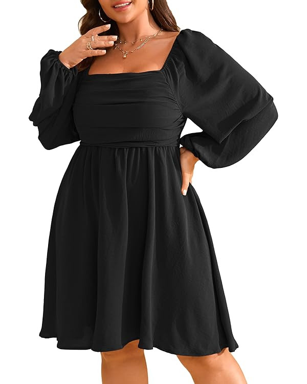 RWJ Womens Long Sleeve Mini Dress 2025 Fall Elegant Square Neck A Line Ruched Smocked Wedding Gue... | Amazon (US)