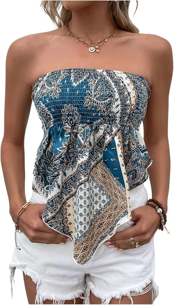 WDIRARA Women's Boho Tie Back Tube Tops Shirred Asymmetrical Bandeau Summer Tops | Amazon (US)