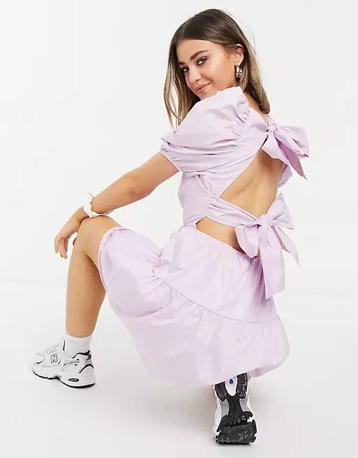 Bardot double bow back puff sleeve mini dress in textured lilac | ASOS (Global)