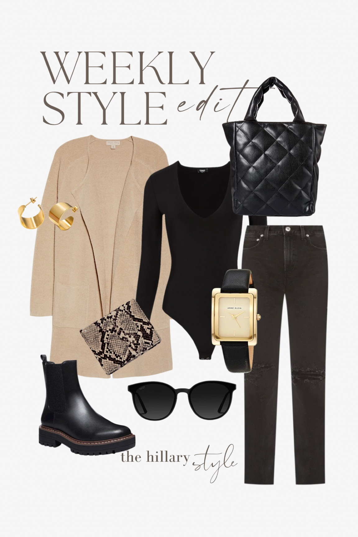 Weekly Style Edit: Transitional Outfit. Outfit of the day for running errands, shopping, school pick-up, etc. Black denim, Sherpa teddy coat, black bodysuit, Cleasea boots, quilted handbag, sunnies, gold hoops. #ootd

#LTKfit #LTKFind #LTKstyletip