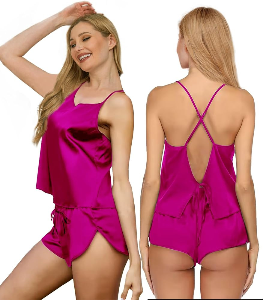 Womens Silk Pajamas Sets S-XXL 2Pcs Sexy Satin Pjs Lingerie Cami Shorts Set Camisole Sleepwear Ni... | Amazon (US)