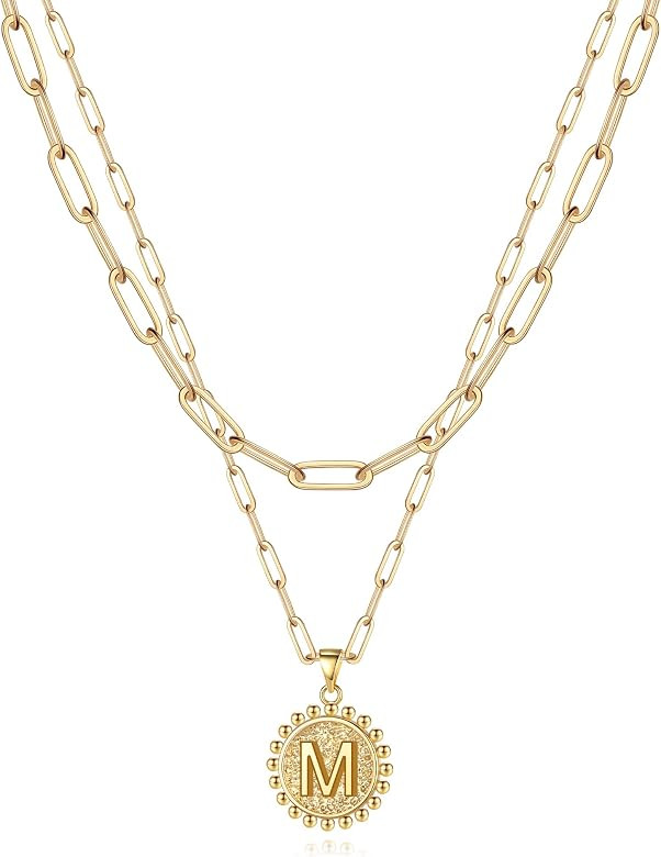 Amazon.com: Yesilver Gold Initial Necklaces for Women Girls, 14k Gold Plated Layering Paperclip L... | Amazon (US)