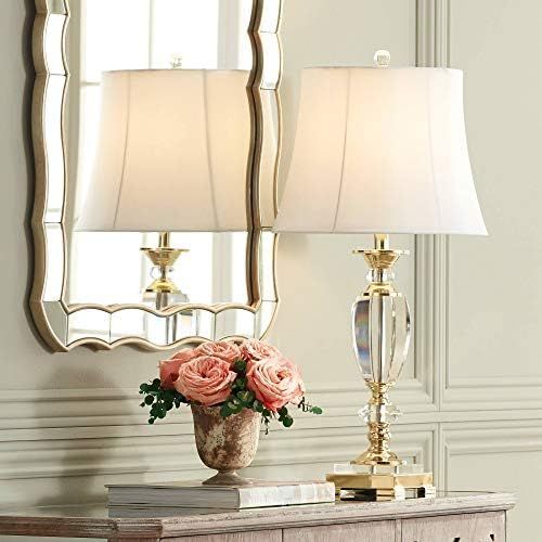 Traditional Table Lamp Faceted Crystal and Brass Bell Fabric Shade for Living Room Family Bedroom... | Amazon (US)