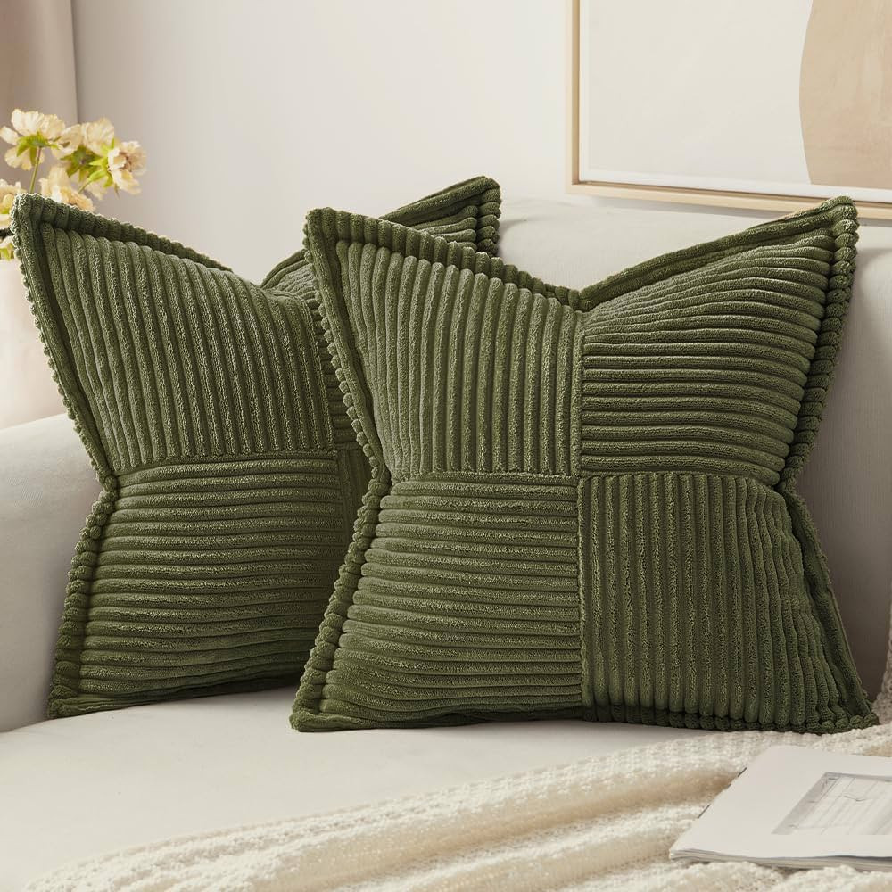 MIULEE Olive Green Corduroy Pillow Covers 18x18 inch with Splicing Set of 2 Super Soft Boho Strip... | Amazon (US)