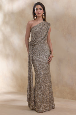 Liori | Champagne Sequin Asymmetric-Neck Maxi Dress With Sash | Club L London