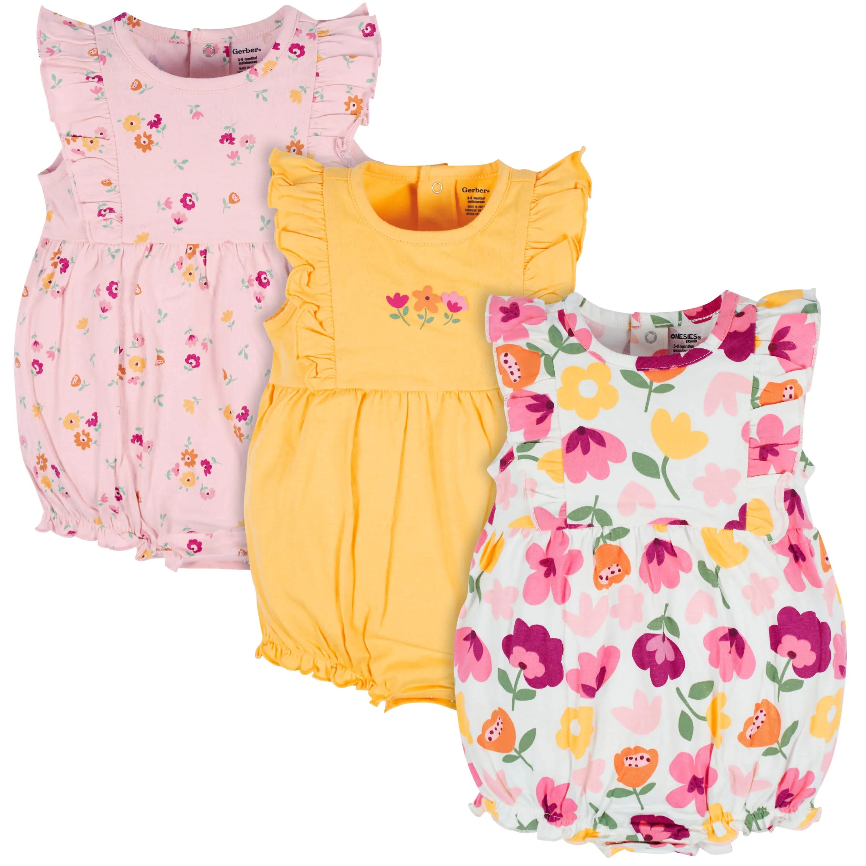 3-Pack Baby Girls Floral Fox Rompers | Gerber Childrenswear
