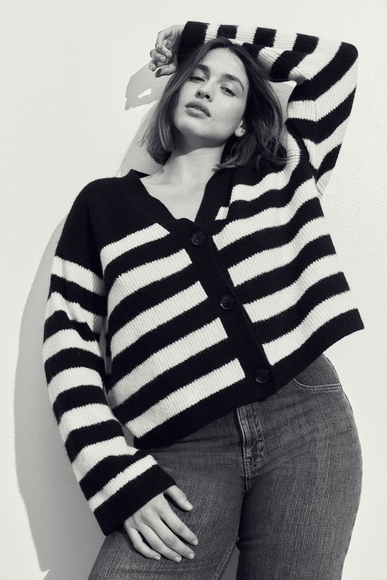 Oversized rib-knit cardigan - Black/Striped - Ladies | H&M GB | H&M (UK, MY, IN, SG, PH, TW, HK)