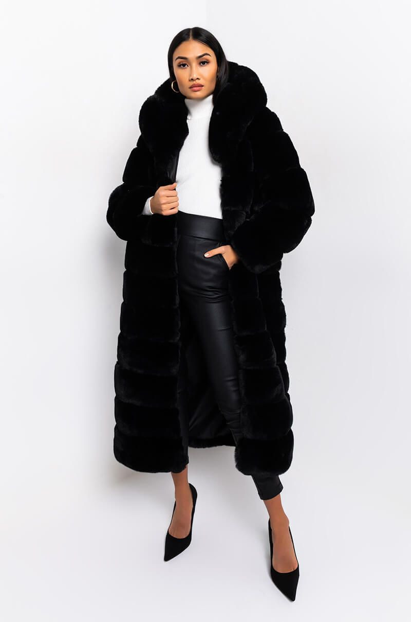 AZALEA WANG FAUX FUR PANEL HOODED TRENCH IN BLACK | AKIRA