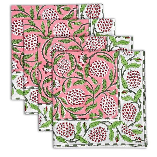 Ridhi Hand Block Print Kitchen Towels Table Décor 20×20 Inch Floral Dinner Cloth Napkins Set of 4 Washable Boho Cotton Square Strawberry Border Napkin for Dining Wedding Farmhouse Decoration | Amazon (US)