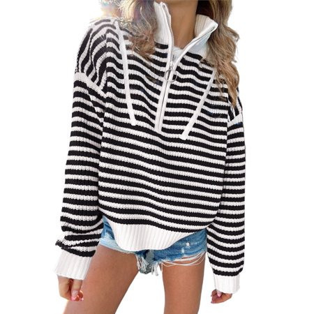 Stylish Black and White Striped Sweater with Zip Up Closure and Drop Shoulder Design | [ZhiHiMeRi] | (US 8-10)M | Walmart (US)