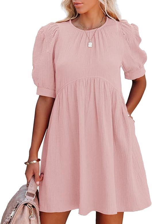 Midusany Womens Crew Neck Dress Summer Puff Sleeve Button Empire Waist A-Line Swing Casual Mini D... | Amazon (US)