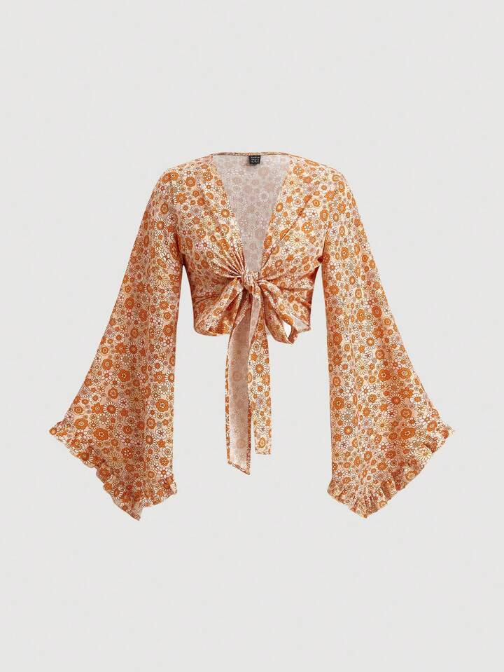 SHEIN MOD Allover Floral Print Tie Front Crop Top | SHEIN