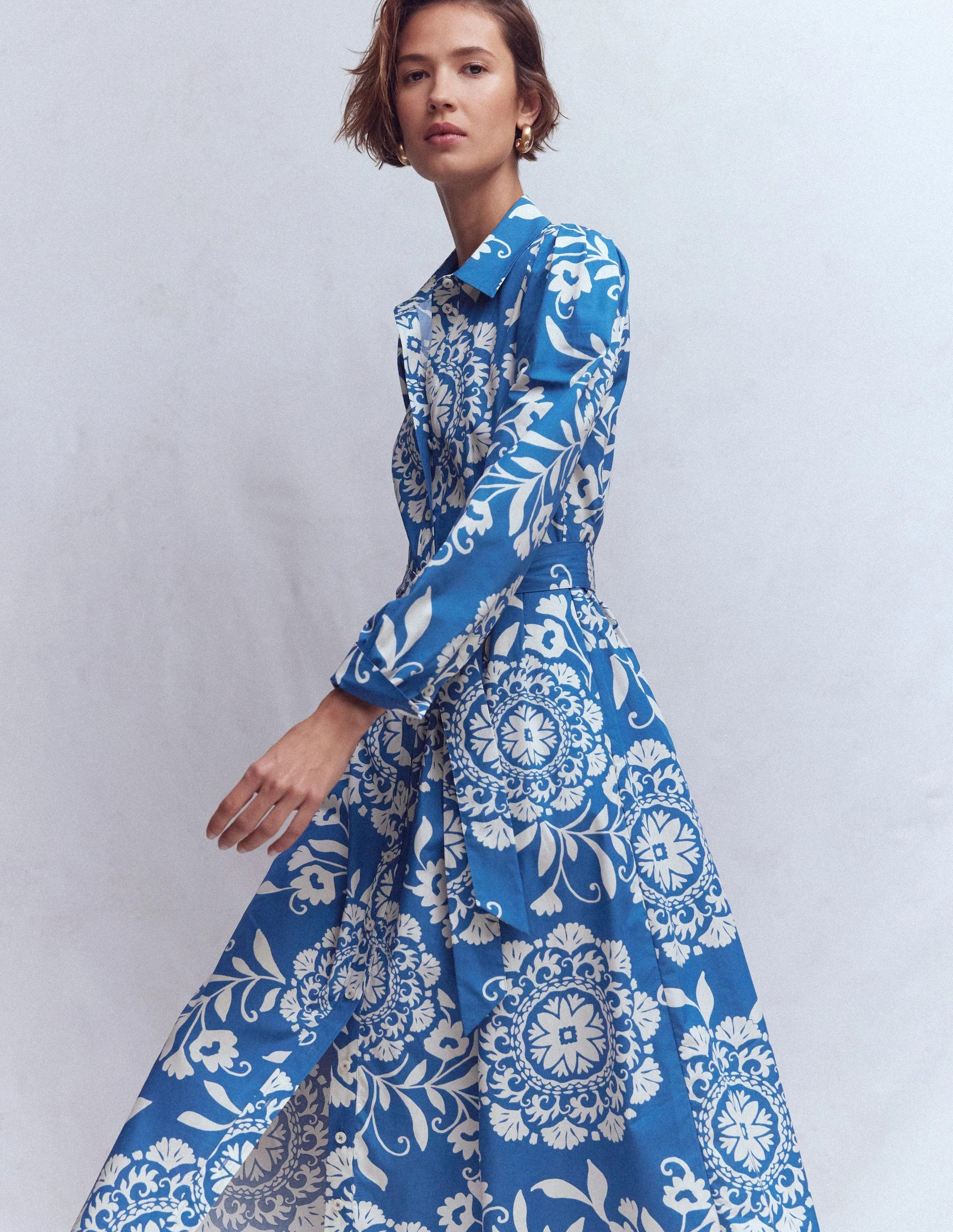 Alexa Cotton Midi Shirt Dress-Blue, Decorative Blossom | Boden (US)