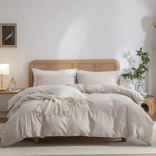 ERZRGA Beige Duvet Cover Queen, Linen Like Textured Beige Washed Cotton Bedding Set with Zipper Closure 4 Ties for Simple Style Feel Bedding for All Seasons（90"x90"） | Amazon (US)