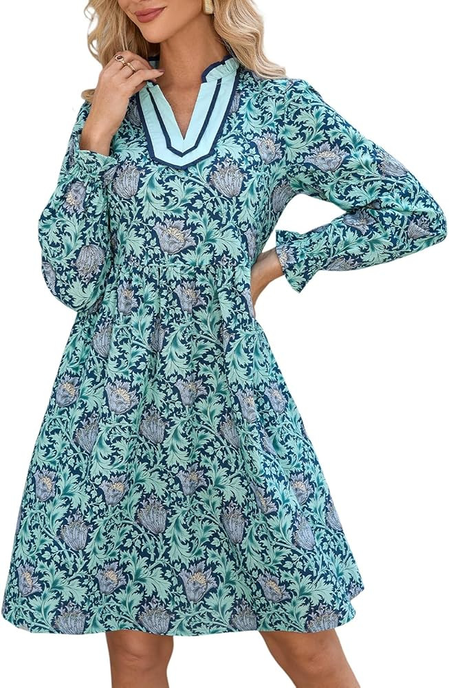Womens Floral Mini Dress Puff Sleeve V Neck Boho Dresses Ruffle Collar Color Block Flowy Sundress | Amazon (US)