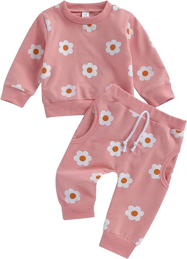 Gueuusu Toddler Baby Girl Clothes Floral Print Long Sleeve Pullover Shirts Top Pants Set Cute Fall W | Amazon (US)
