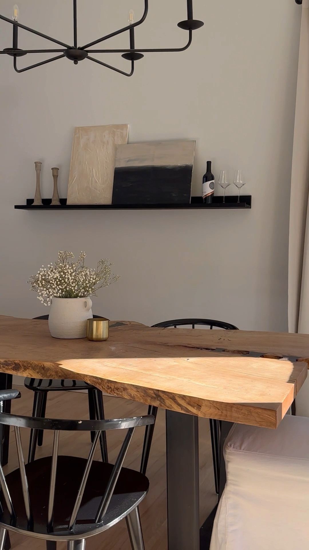 Dining room decor- modern organic- photo ledge - abstract art- dining 