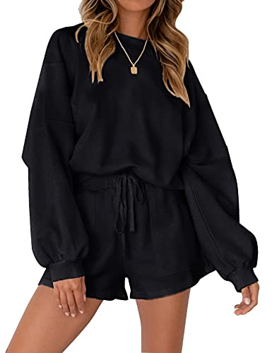 MEROKEETY Women's 2025 Fall Oversized Batwing Sleeve Lounge Sets Casual Top and Shorts 2 Piece Outfits Sweatsuit Black | Amazon (US)