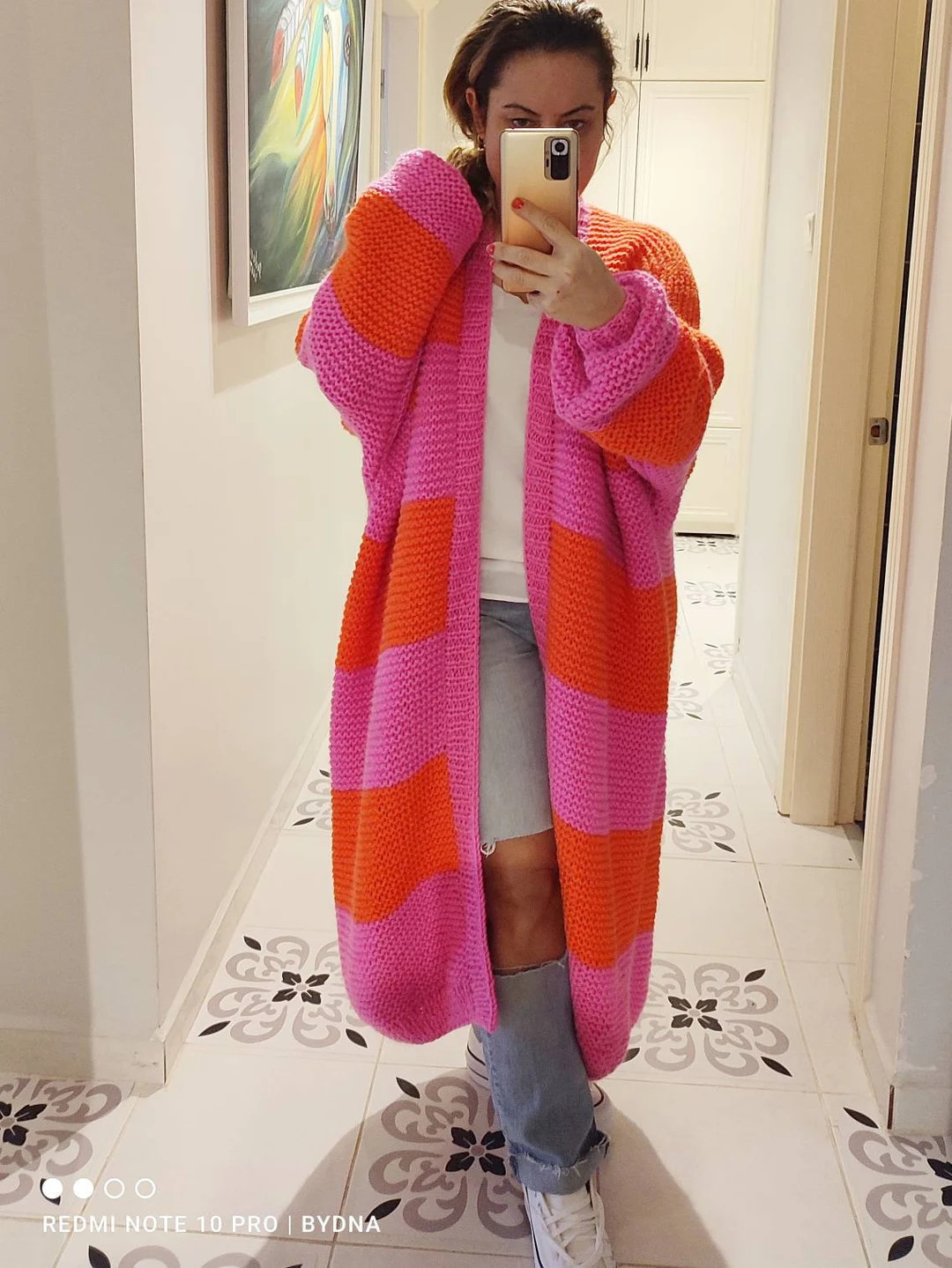 Striped boho woman maxi Cardigan, handmade mohair luxury coat, pink chunky Knit jumper, Oversized... | Etsy (US)