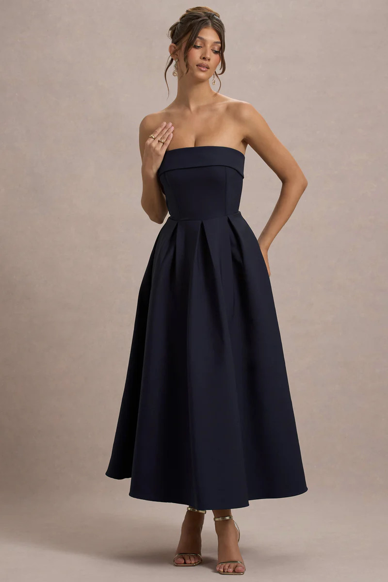 Annalise  Navy Bandeau Skater Midi Dress | Club L London