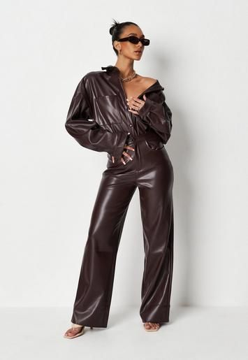 Missguided - Jordan Lipscombe x Missguided Chocolate Faux Leather Wide Leg Pants | Missguided (US & CA)
