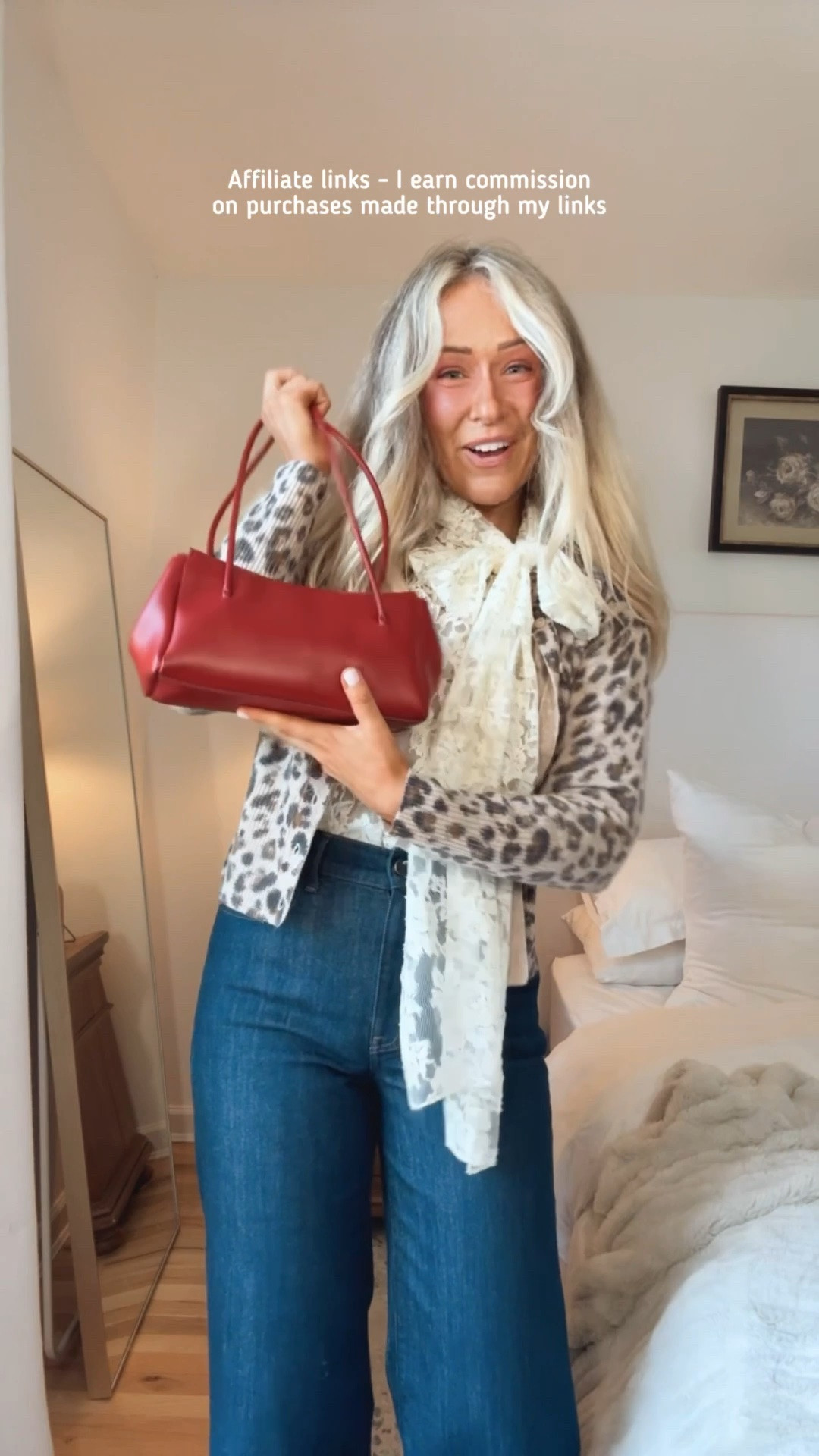 Affiliate links - I earn commission on purchases made through my links

Elevated casual fall outfits women
Leopard cardigan
Lace top bow neck
J.Crew wide leg jeans
Zara red bag