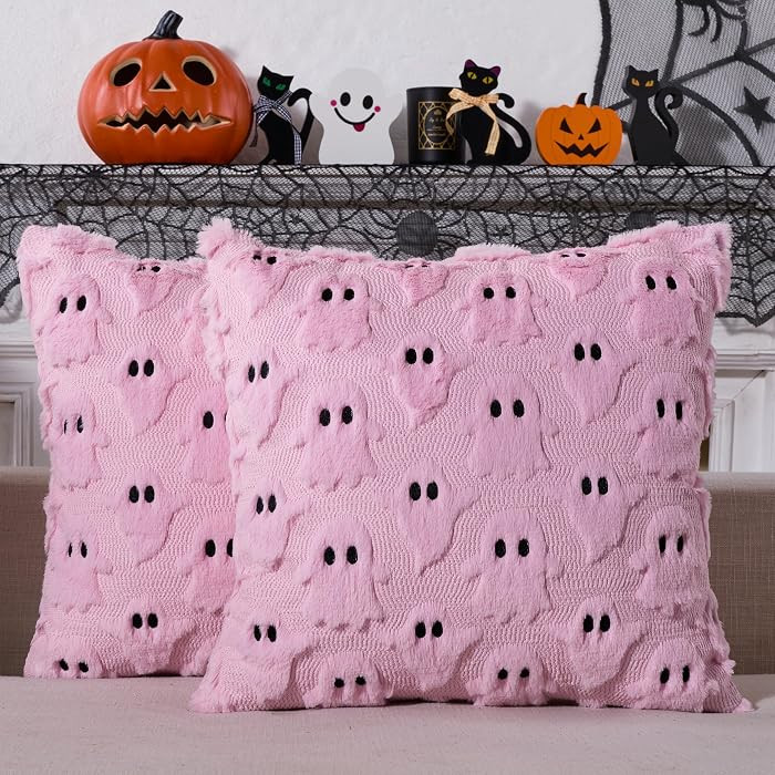 Halloween Decorations Pillow Covers 18x18 inch Set of 2 Pink Ghost Throw Pillow Cases Soft Plush ... | Amazon (US)