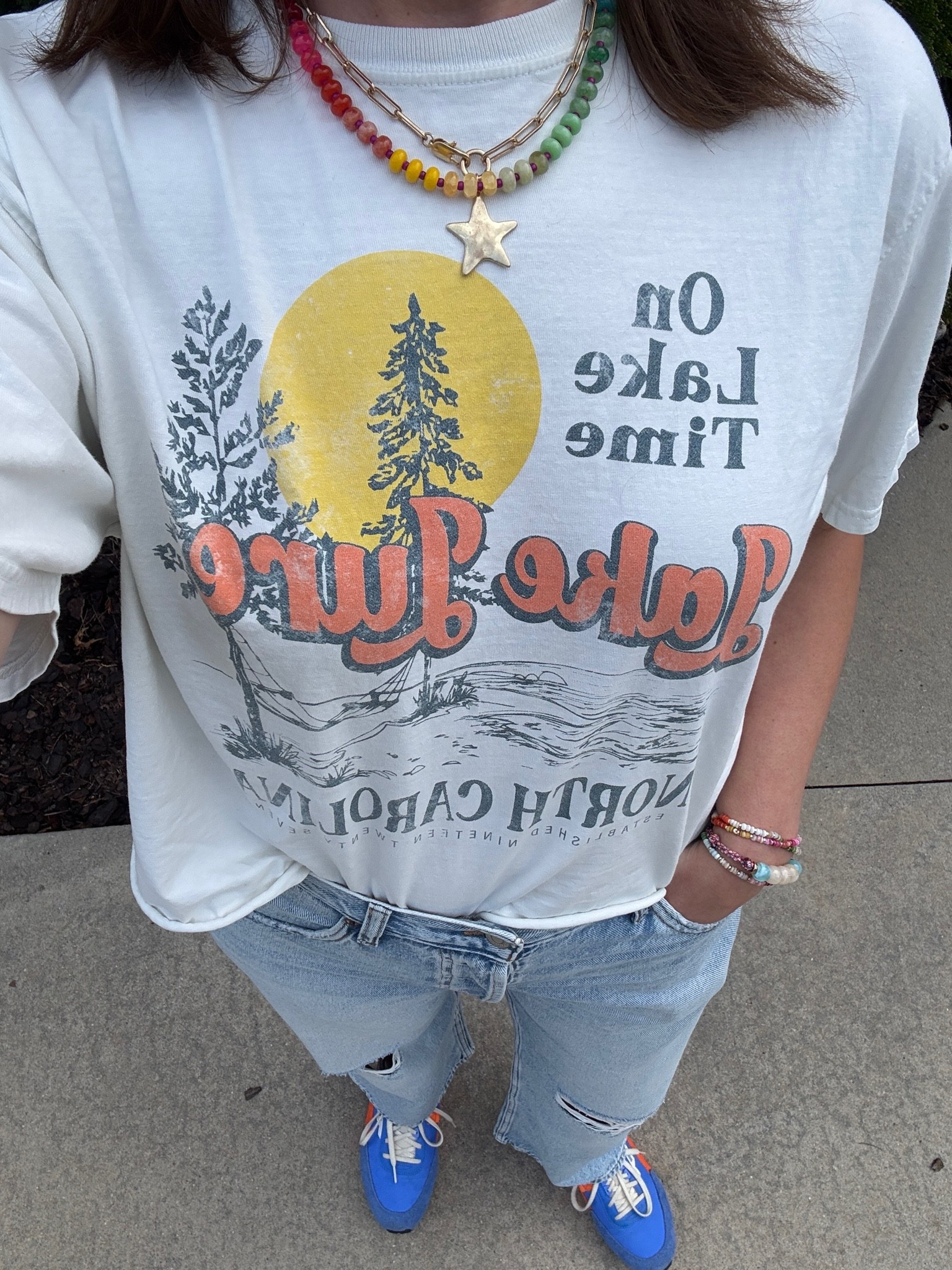 Got the t-shirt at the general store in Lake Lure, so I can’t link it, but I have been living in these jeans—they are only $26! I would say they are TTS. Necklace stack and bracelets are linked as well ❤️

#LTKootd #LTKSaleAlert #LTKMidsize