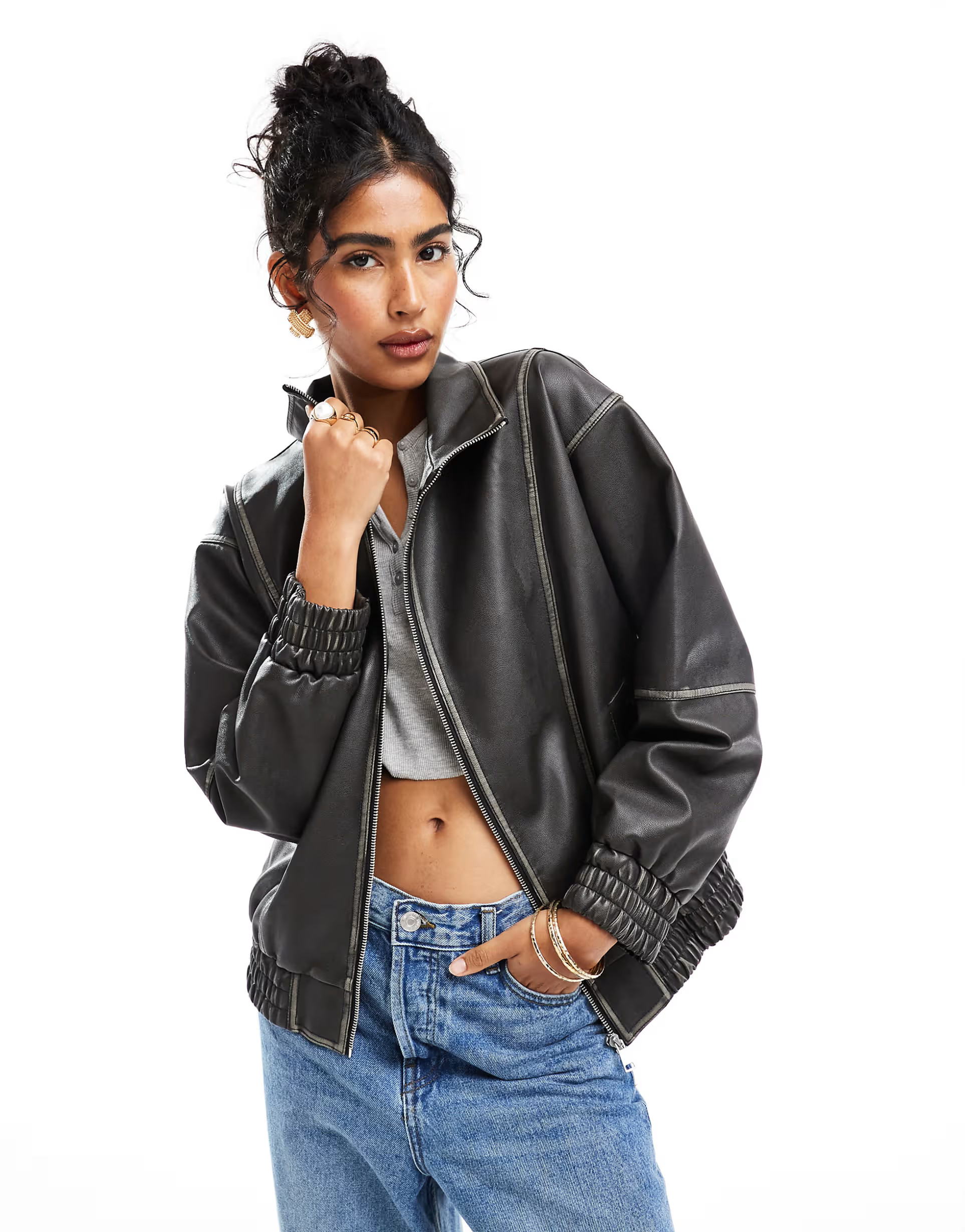 ASOS DESIGN funnel neck leather look bomber jacket in black | ASOS (Global)